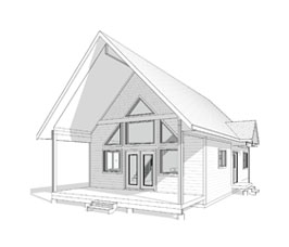 A-frame style cottage with large rake wall and covered deck